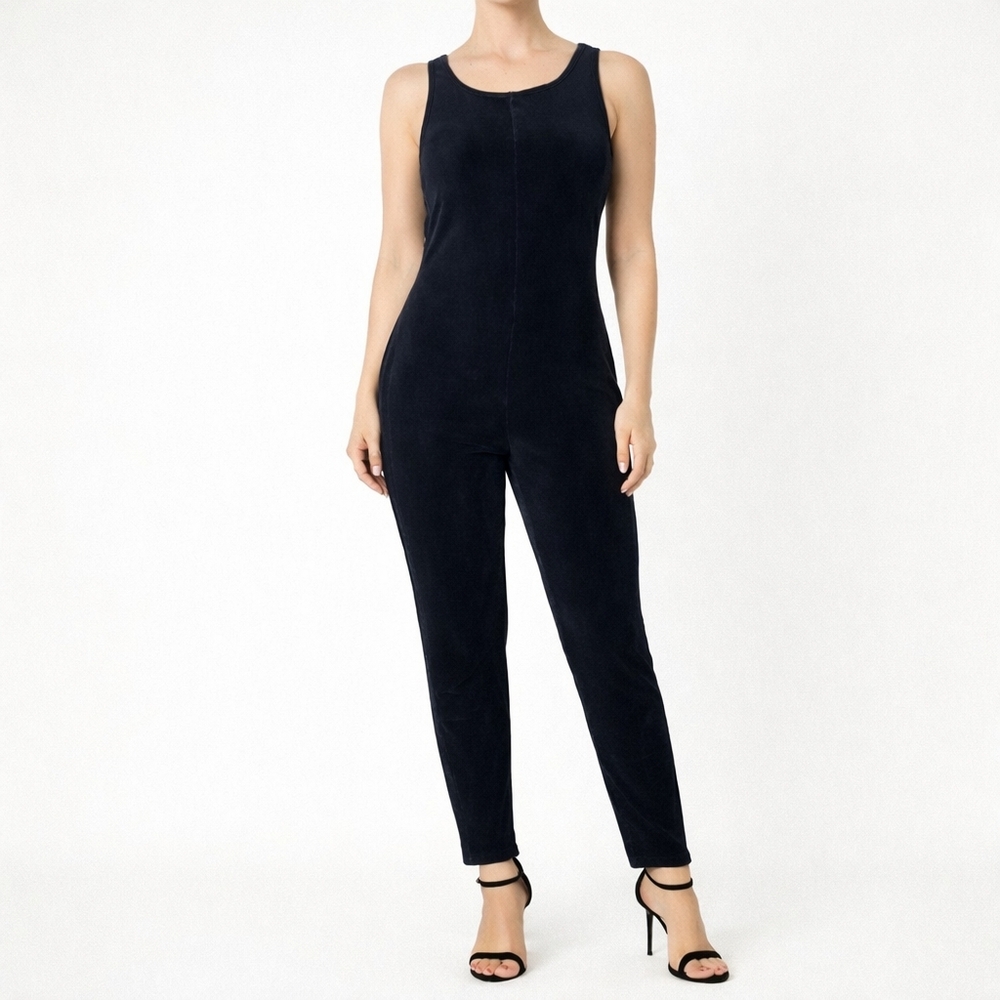 Vintage DIANE VON FURSTENBERG Size L/XL Black Velvet Pull-On Sleeveless Jumpsuit